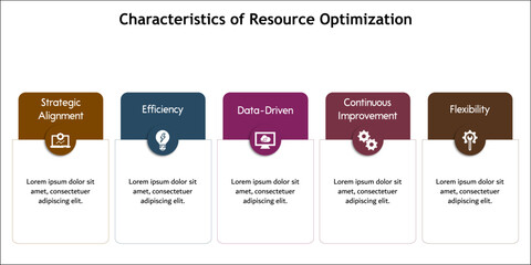 Five characteristics of resource optimization. Infographic template with icons
