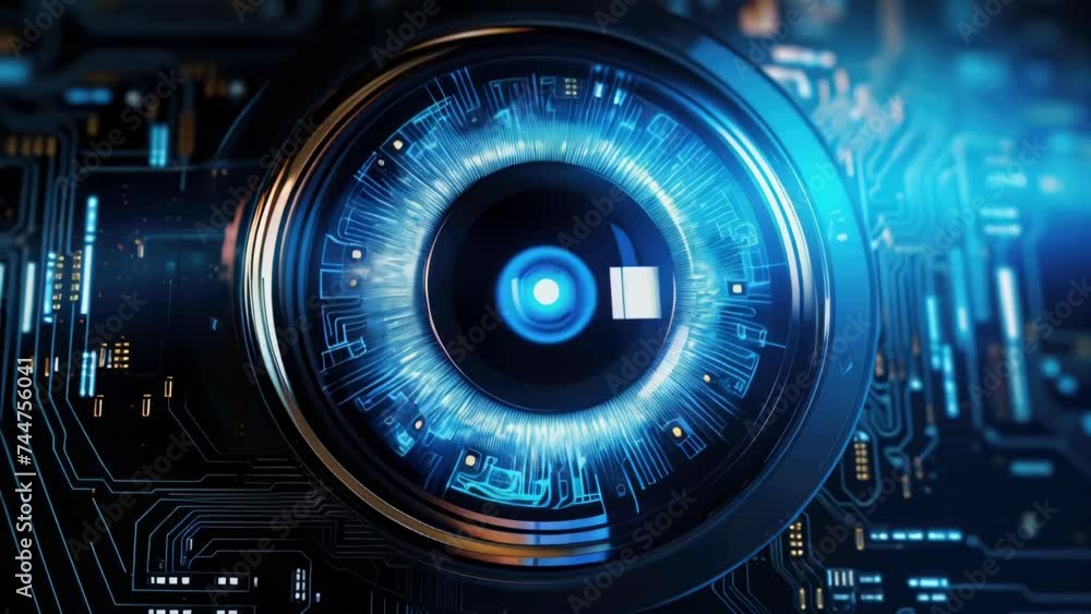 Poster close up of a camera lens on a circuit board, suitable for technology concepts.