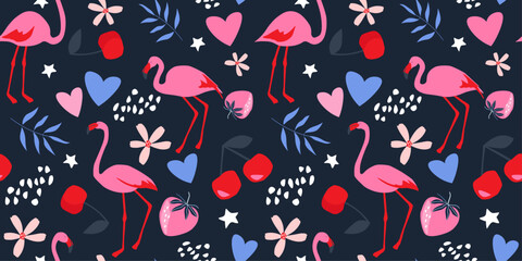 Seamless pattern with flamingos, summer fruits, hearts, flowers. Vector graphics.