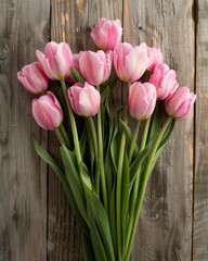 pink tulips on wooden background