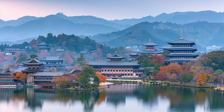 Panoramic View of Japanese Pagodas and Historic Buildings by the Lake, Surrounded by Autumn Colors and Distant Hills