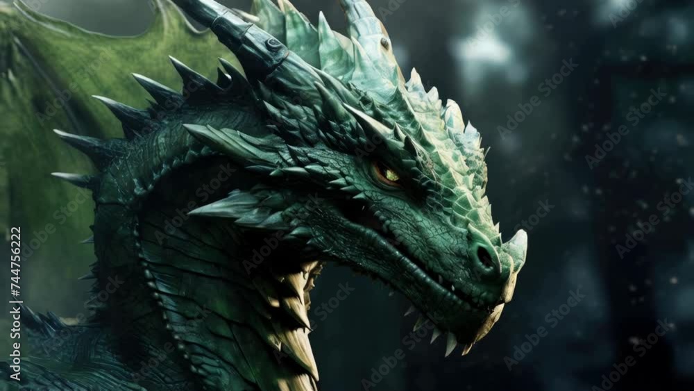 Poster A detailed close-up of a dragon's head in a forest. Suitable for fantasy and mythical themes.