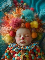 Fototapeta premium A baby with a stern expression wearing a vibrant, multicolored knitted hat and sweater against a warm yellow background.