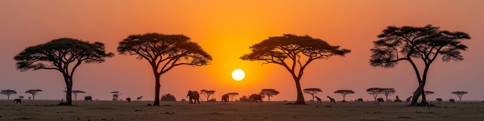 Fototapeta na wymiar Panoramic African Savannah Sunset with Silhouetted Acacia Trees and Grazing Animals, Golden Hour Splendor