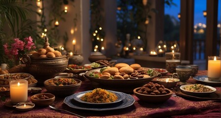 Fototapeta na wymiar Create an ultra-realistic image of a sahur dining setup, capturing the predawn serenity with carefully arranged traditional foods, a softly lit ambiance, and details like dates, water-Ai Generative