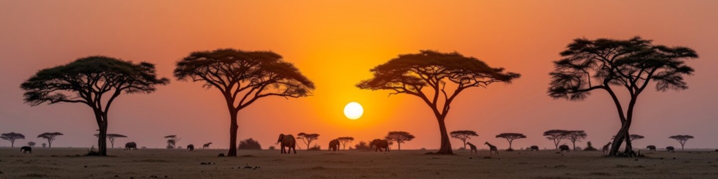 Panoramic African Savannah Sunset with Silhouetted Acacia Trees and Grazing Animals, Golden Hour Splendor