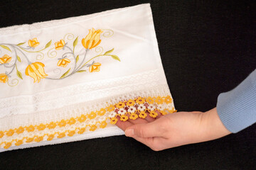 hand-knitted patterned hand towels, Turkish towels close-up,