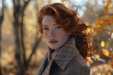 A red-hair woman walking in the woods, autumn, vintage style - Generative AI