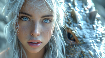 Beautiful blonde woman with a dragon on her side