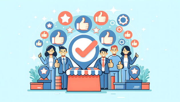 a flat design illustration that depicts a group of professionals, possibly a team, with a podium and a large checkmark symbol that suggests achievement or completion