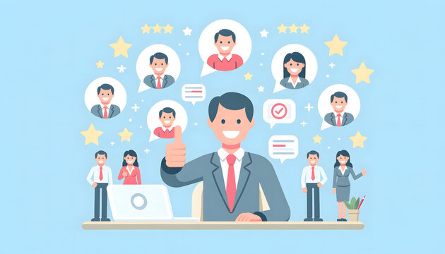 a cheerful, flat design illustration of a professional setting, featuring a central male character giving a thumbs-up