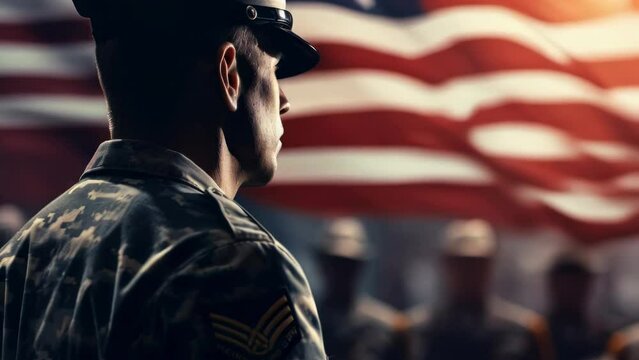 Military man in uniform standing proudly in front of American flag, suitable for patriotic and military themes.