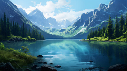 Fototapeta na wymiar A breathtaking landscape of a shimmering blue lake