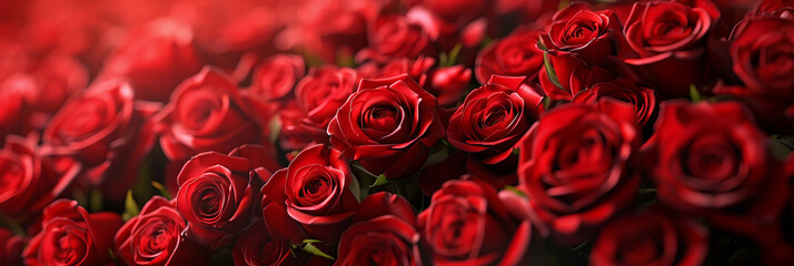 Red roses. Bouquet of red roses. Valentine's day, wedding day background. Rose petals. Close up of amazing roses. Valentine and wedding border. Place for logo. Copy space. Banner. Wall of roses