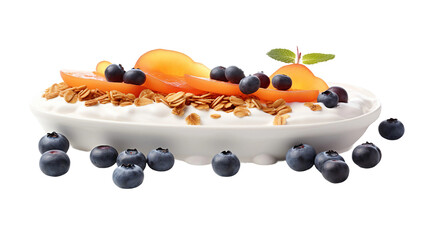Homemade yogurt parfait with granola, blueberries, and apricots on transparent background - a delicious and healthy breakfast choice for a fresh start to your morning routine.