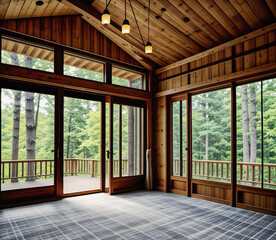 Living room with panoramic windows overlooking the forest
