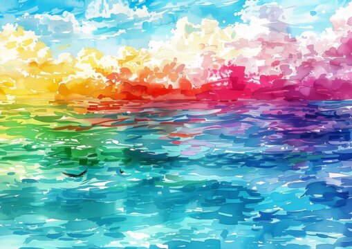 Colorful Watercolor Painting of Sea Waves with Vivid Colors and Artistic Brush Strokes