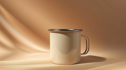 Beige aluminum mug on a beige background with a place for a logo, inscription or text