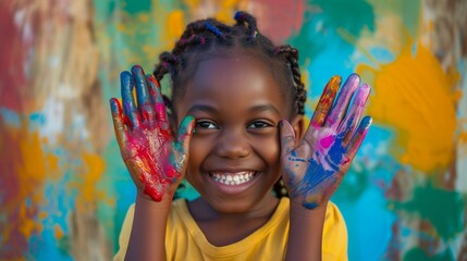 Black african american dark-skinned cute cheerful girl showing her hands painted - Powered by Adobe