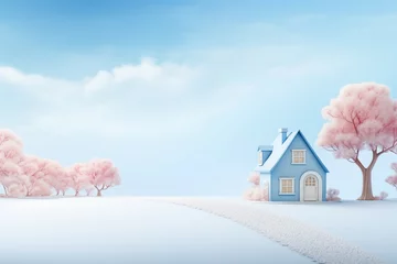  beutiful pathway and cute house on white and blue background for cute and relax design © kenkuza