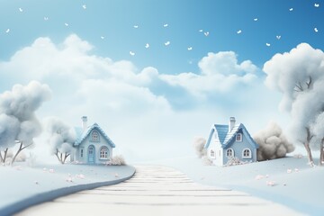 beutiful pathway and cute house on white and blue background for cute and relax design
