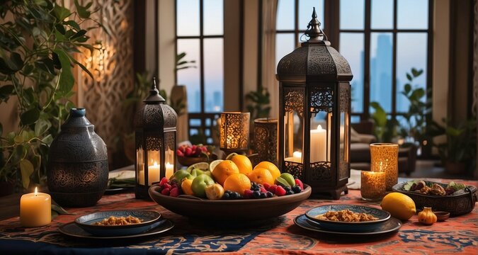 Craft a visually immersive composition featuring a sahur table adorned with ultra-realistic decor elements such as lanterns, fruits, and Islamic calligraphy-Ai Generative