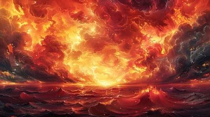 Fotobehang Fiery Apocalypse, Explosive Sky and Ocean Afire, Vivid Depiction of Catastrophic Environmental Event © Ross
