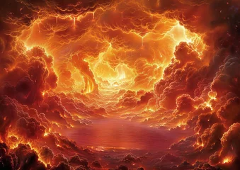 Poster Surreal Fiery Sky with Volcanic Eruptions Above Tranquil Sea, Nature's Fury and Beauty in Fantasy Setting, Apocalypse Theme with Dynamic Cloud Formations © Ross