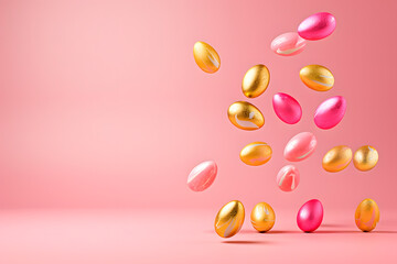 Easter eggs of gold and pink color flying and levitating on a pink background, minimal creative Easter layout for congratulations