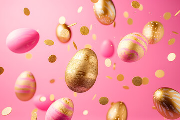 Fototapeta na wymiar Easter eggs of gold and pink color flying and levitating on a pink background, minimal creative Easter layout for congratulations