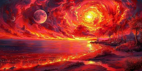 Store enrouleur Rouge 2 Vivid Red Swirls in Sky Above Beach with Planets Visible, Fantasy Art of Cosmic Event, Nature's Spectacle with Celestial Bodies