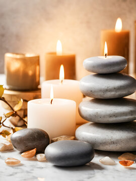 Spa still life with zen stones and candlesle background