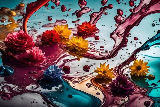 An aesthetically pleasing HD image portraying the graceful interaction of colorful liquids against a contemporary background, accentuated by subtle and tasteful flower patterns