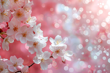 Pink blurred background with white blooming flowers with empty space for text and design of greeting card. Postcard for International Women's Day and Mother's Day. Banner.