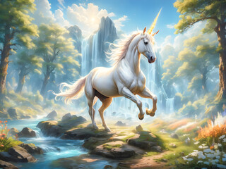 White unicorn on a background of a waterfall in the forest. Digital painting.