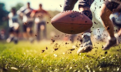 Close up of american football players foot hitting the ball on dirty football field.