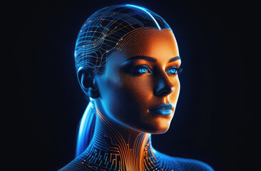 Artificial intelligence in humanoid head with neural network thinks. AI with Digital Brain is learning processing big data, analysis information. Face of cyber mind. Technology background concept.