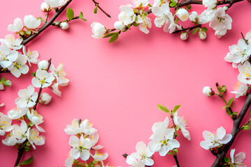 Fototapeta na wymiar Pink background with white blooming flowers with empty space for text and design of greeting card. Postcard for International Women's Day and Mother's Day. Banner.
