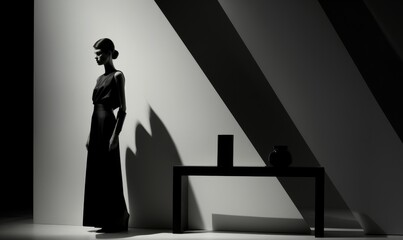 Fototapeta premium Fashion black and white photography of confident woman with an aggressive attitude, dressed in a minimal black fashion dress.
