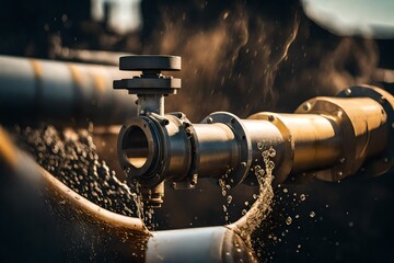 A close-up shot of a pipeline valve being opened, with oil flowing through the pipes, symbolizing...