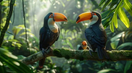 Foto auf Acrylglas bird, wild, wildlife, forest, hornbill, nature, tropical, animal, couple, feather. hornbill with two lovely colorful toucan feathered creatures in a rainforest. couple of hornbill feathered on a tree. © sornthanashatr