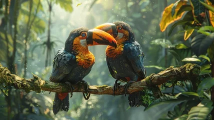Foto op Aluminium bird, wild, wildlife, forest, hornbill, nature, tropical, animal, couple, feather. hornbill with two lovely colorful toucan feathered creatures in a rainforest. couple of hornbill feathered on a tree. © sornthanashatr
