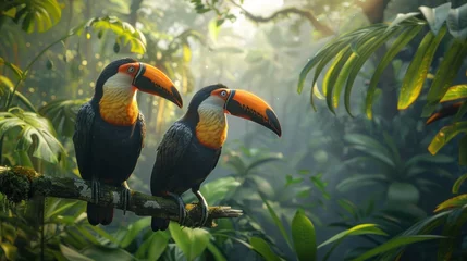 Foto op Plexiglas bird, wild, wildlife, forest, hornbill, nature, tropical, animal, couple, feather. hornbill with two lovely colorful toucan feathered creatures in a rainforest. couple of hornbill feathered on a tree. © sornthanashatr