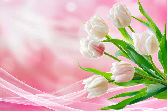 Blurred pink background with white tulips and empty space for text and design of greeting card. Postcard for International Women's Day and Mother's Day. Banner.
