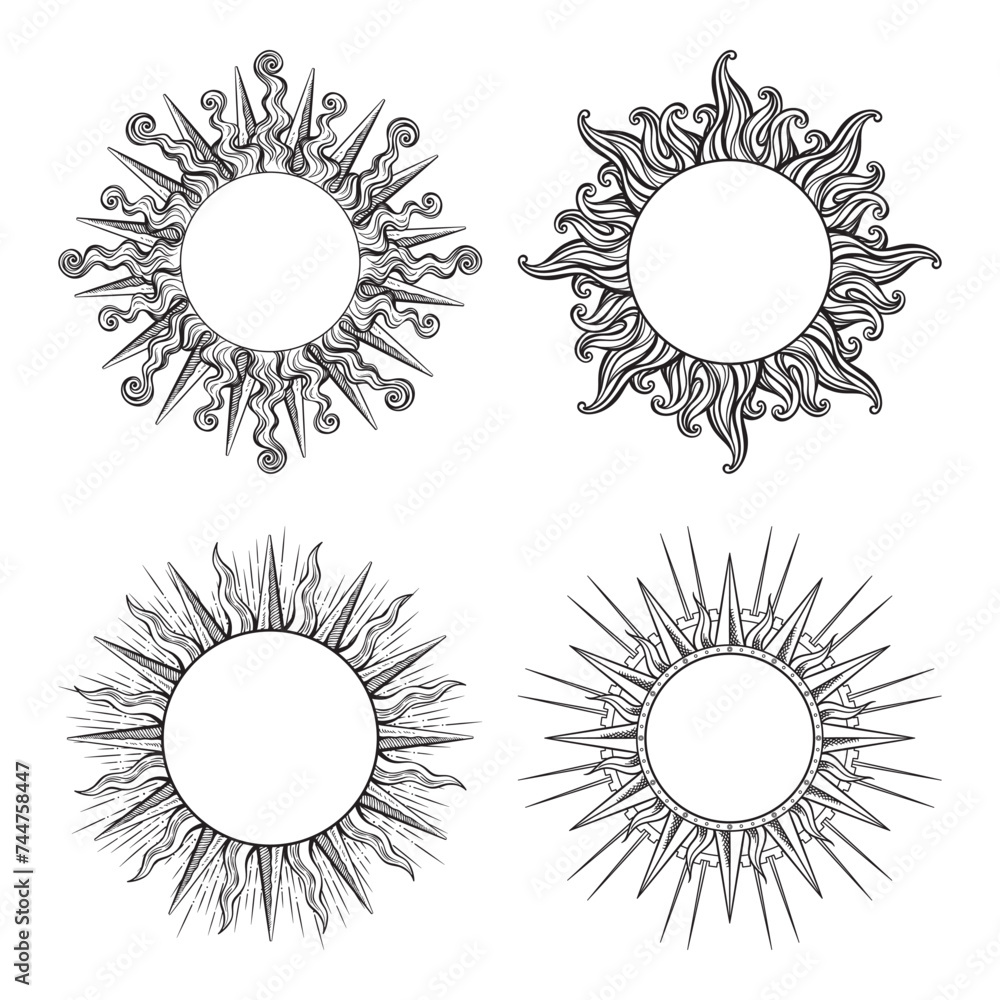 Wall mural set of hand drawn etching style frames in a shape of sun rays vector illustration