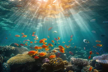 Poster An underwater coral reef scene, diverse marine life, vivid colors, showcasing the beauty and diversity of ocean life. Underwater photography, coral reef ecosystem, diverse marine life,. Resplendent. © Summit Art Creations