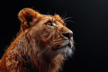 Naklejka premium animal, nature, predator, wild, wildlife, ai, background, hunter, jungle, abstract. close up portrait of lion in dramatic against black background with enigmatic intense expression via Gen AI.