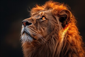 Naklejka premium animal, nature, predator, wild, wildlife, ai, background, hunter, jungle, abstract. close up portrait of lion in dramatic against black background with enigmatic intense expression via Gen AI.