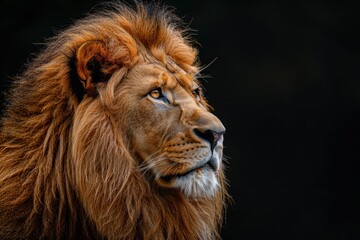 Fototapeta premium animal, nature, predator, wild, wildlife, ai, background, hunter, jungle, abstract. close up portrait of lion in dramatic against black background with enigmatic intense expression via Gen AI.