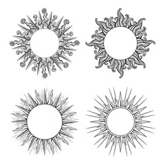 Set of hand drawn etching style frames in a shape of sun rays vector illustration © croisy